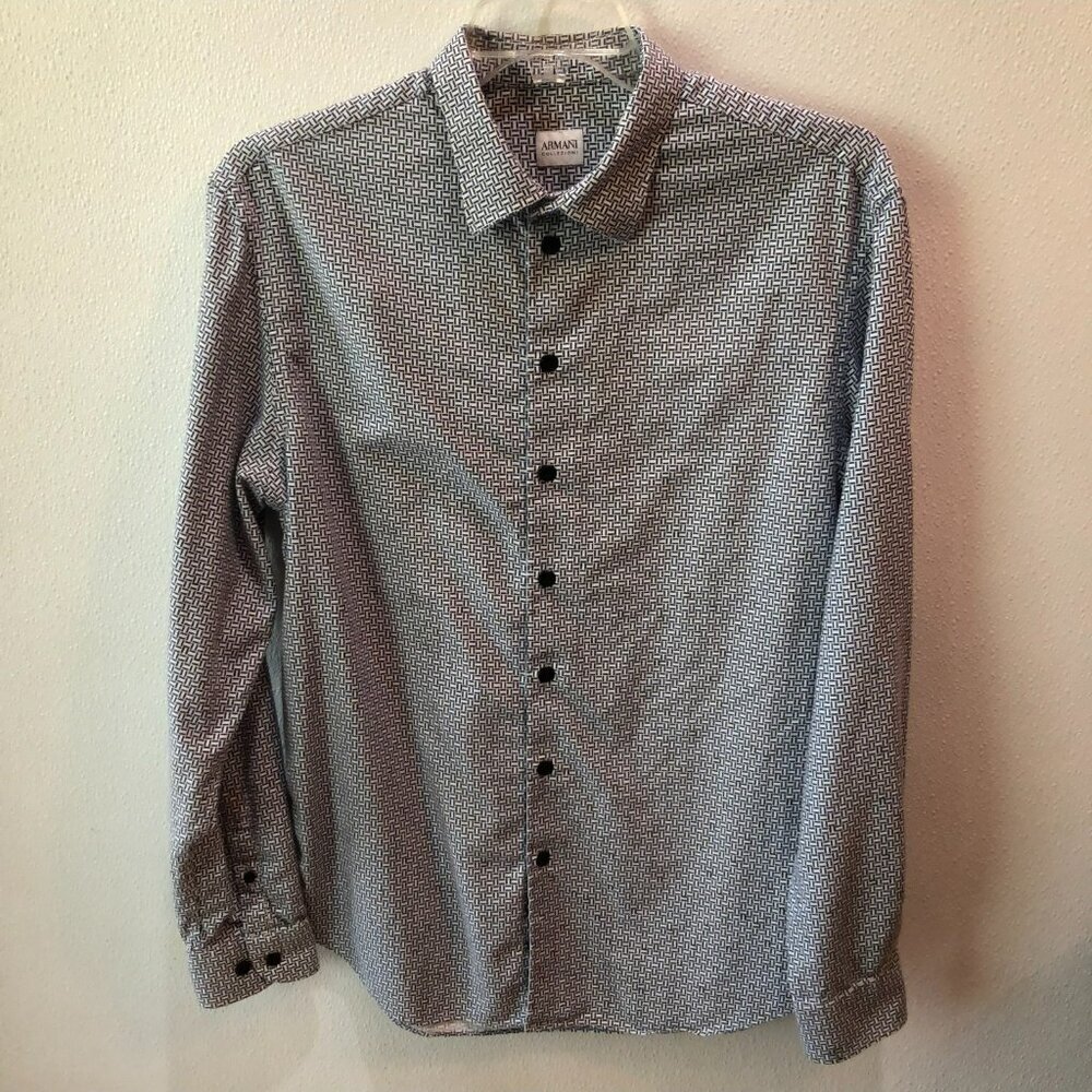 Armani Collezioni Mens Size XL Black White Geometric Long Sleeve Dress Shirt - Picture 4 of 10